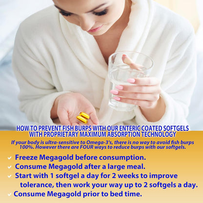 Person holding a glass and softgels near a fish oil bottle