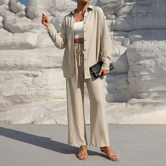 Women's Solid Color Lapel Long Sleeve Pants Set - Button-Up Casual Two-Piece Outfit With Drawstring Waist Lounge Wear