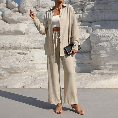 Women's Solid Color Lapel Long Sleeve Pants Set - Button-Up Casual Two-Piece Outfit With Drawstring Waist Lounge Wear