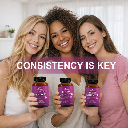 Hair growth supplement bottle with amber bottle, black cap, and purple label