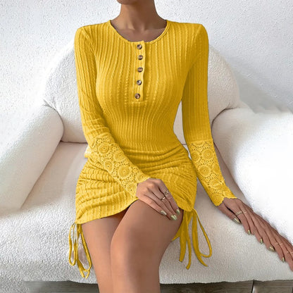 Women's Elegant Bodycon Dress - Round Neck With Button Detail, Solid Color Long Sleeve Lace Cuff & Drawstring Hem Holiday Dress
