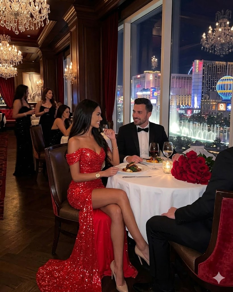 Red sequined off-shoulder split dress with sleeveless bodice and thigh-high slit.