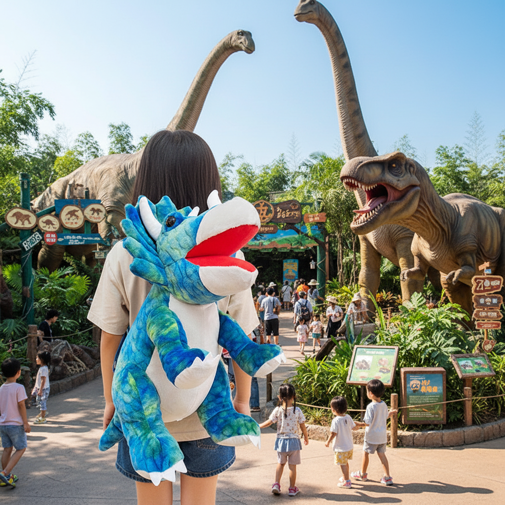 Blue plush dinosaur backpack with red-trimmed cartoon mouth and white underside