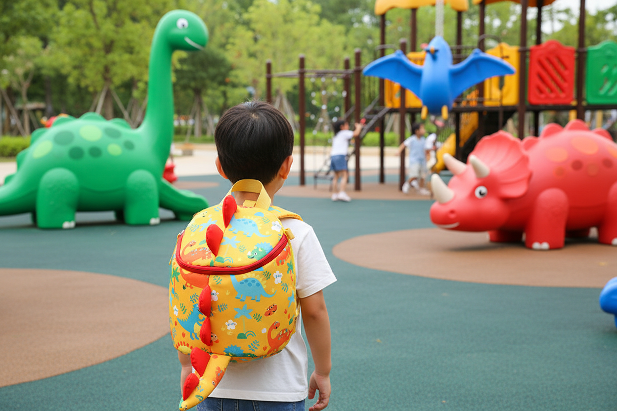 Kids small backpack in yellow with colorful dinosaur print and red plush antler detail