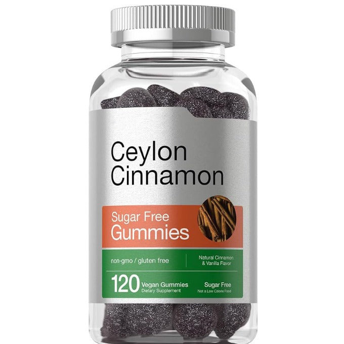 Ceylon cinnamon sugar-free gummies jar with front label and dark gummy pieces