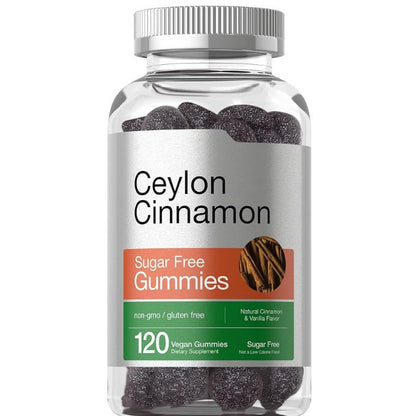 Ceylon cinnamon sugar-free gummies jar with front label and dark gummy pieces