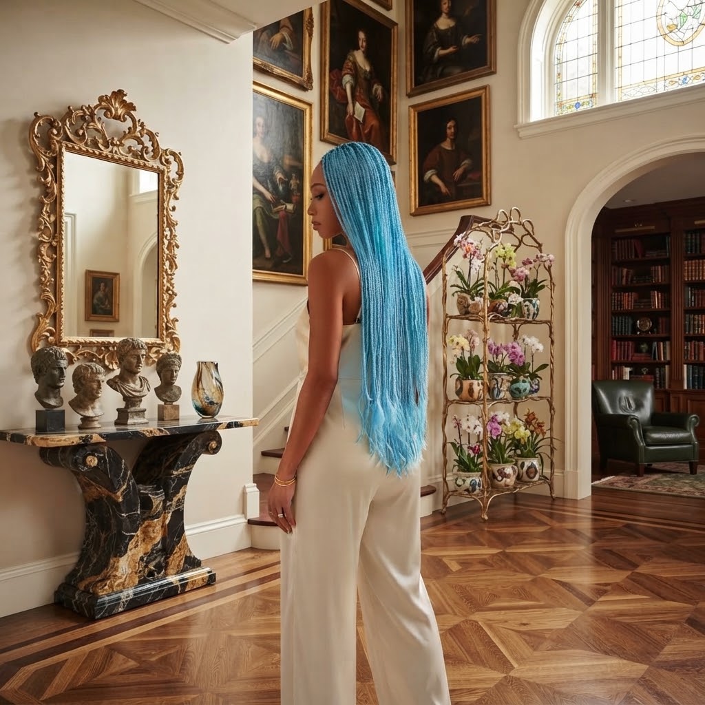 Long light blue crochet braided hair with straight, flowing strands.