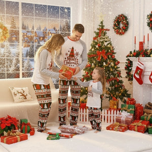 Christmas pajama set with white raglan top and plaid tree pants for adult and child