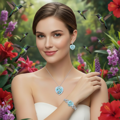 Blue floral heart pendant necklace set with heart drop earrings and heart bracelet