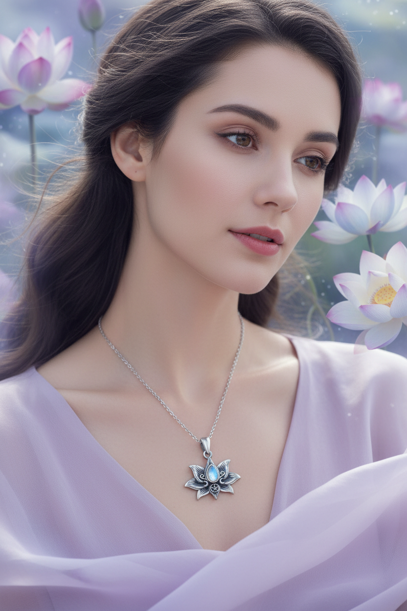 Sterling silver moonstone lotus pendant necklace, side view of blue center stone