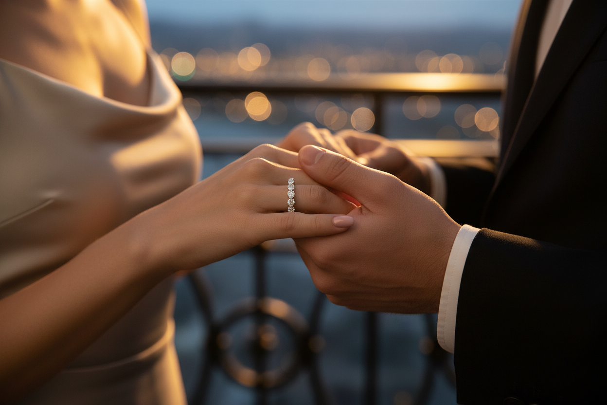 Silver eternity ring with sparkling stone row on raised hands near table