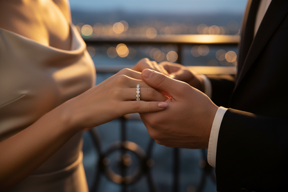 Silver eternity ring with sparkling stone row on raised hands near table