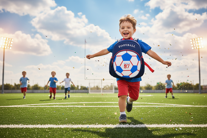 Children's navy football backpack with red trim and large soccer ball graphic