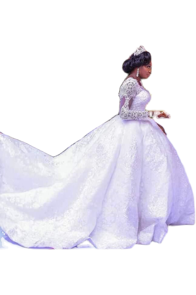 Lace Wedding Dress Long Sleeves Round Neck Big Tail