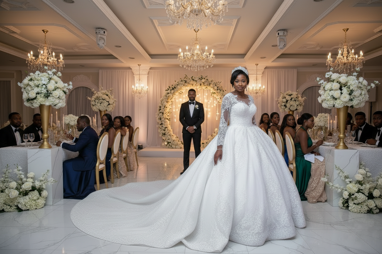White lace wedding dress with long sleeves and round neck, full skirt and wide train