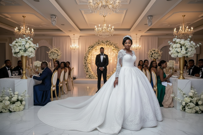 White lace wedding dress with long sleeves and round neck, full skirt and wide train