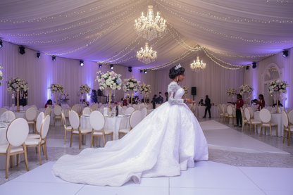 White lace wedding dress with long sleeves and round neck, large train, fitted waist