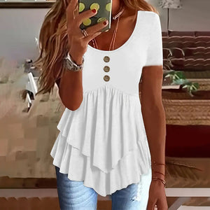 White women’s tunic top with crew neck, short sleeves, button front, tiered ruffle hem