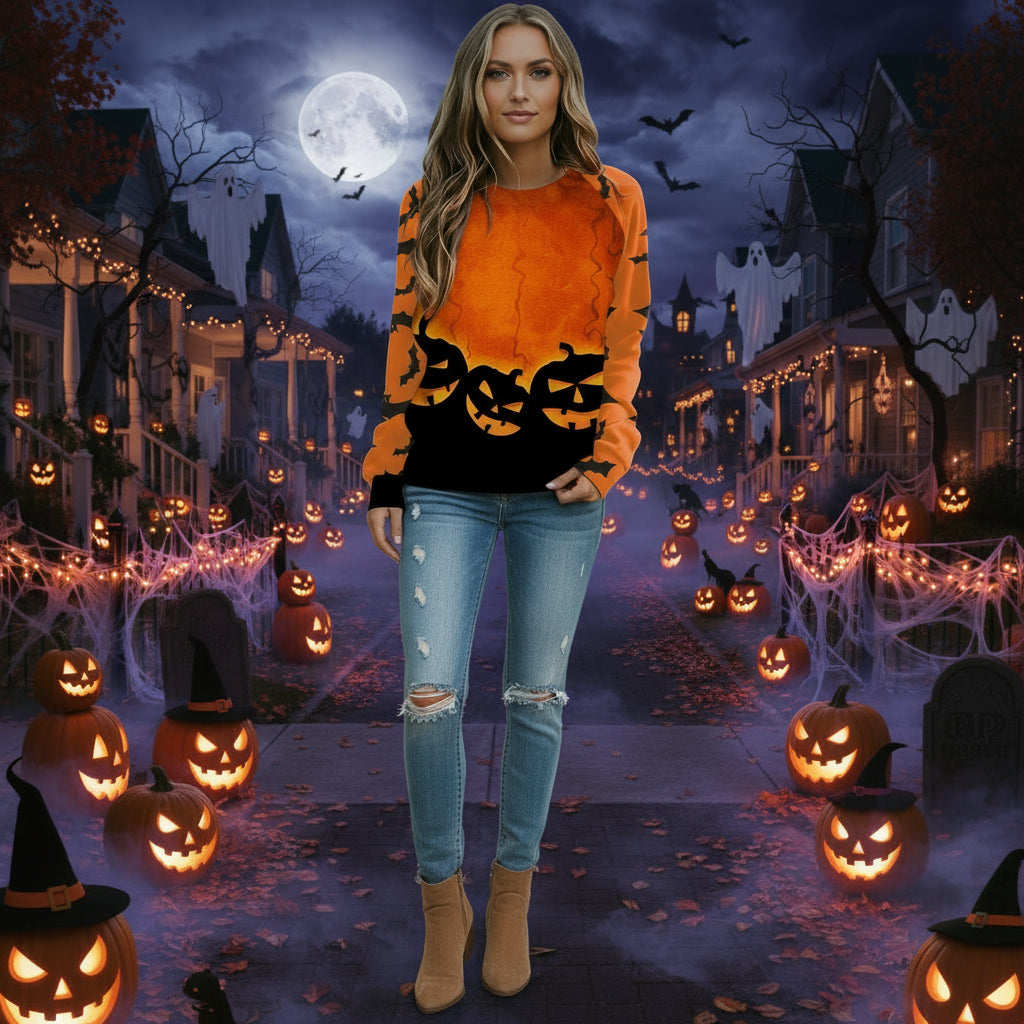 Halloween Cartoon Print Sweatshirt Long Sleeve Pullover Tops Women