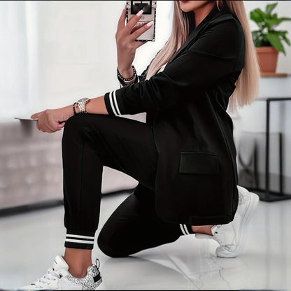 Women's Solid Color Suit Set - Striped Pocket Long Sleeve Blazer & Elastic Waist Trousers Professional Two-Piece Outfit