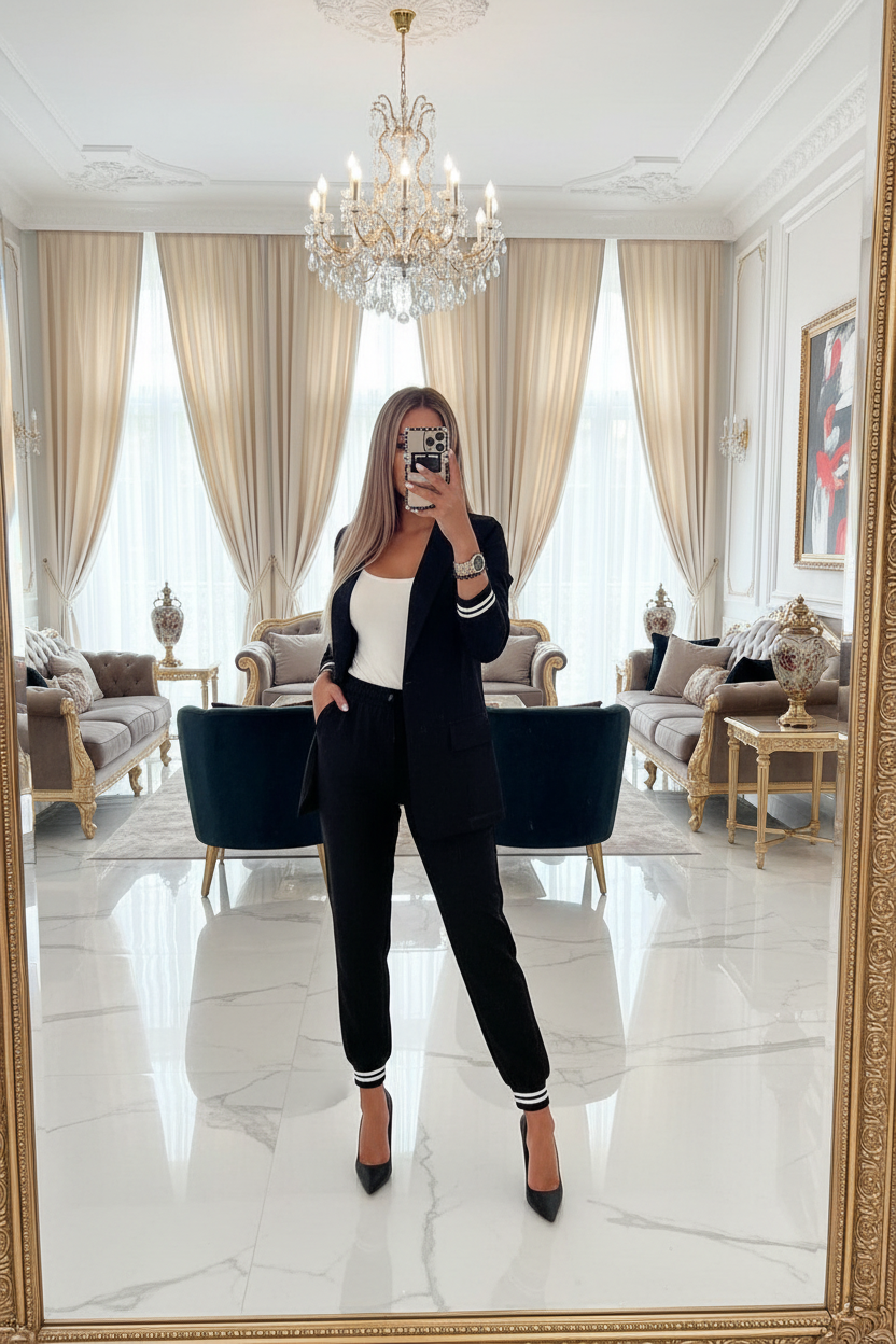 Women's suit set in black: long-sleeve blazer and elastic-waist trousers with striped trim