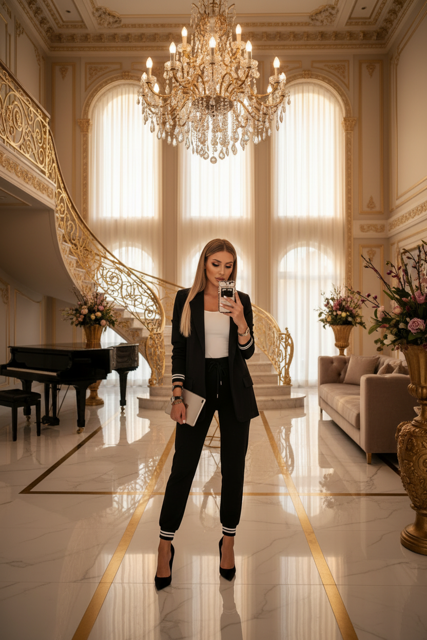 Women's suit set in black: long-sleeve blazer with striped cuffs, elastic-waist trousers