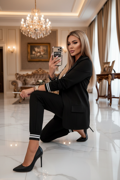 Women's suit set in black: long-sleeve blazer with striped cuffs, elastic-waist trousers