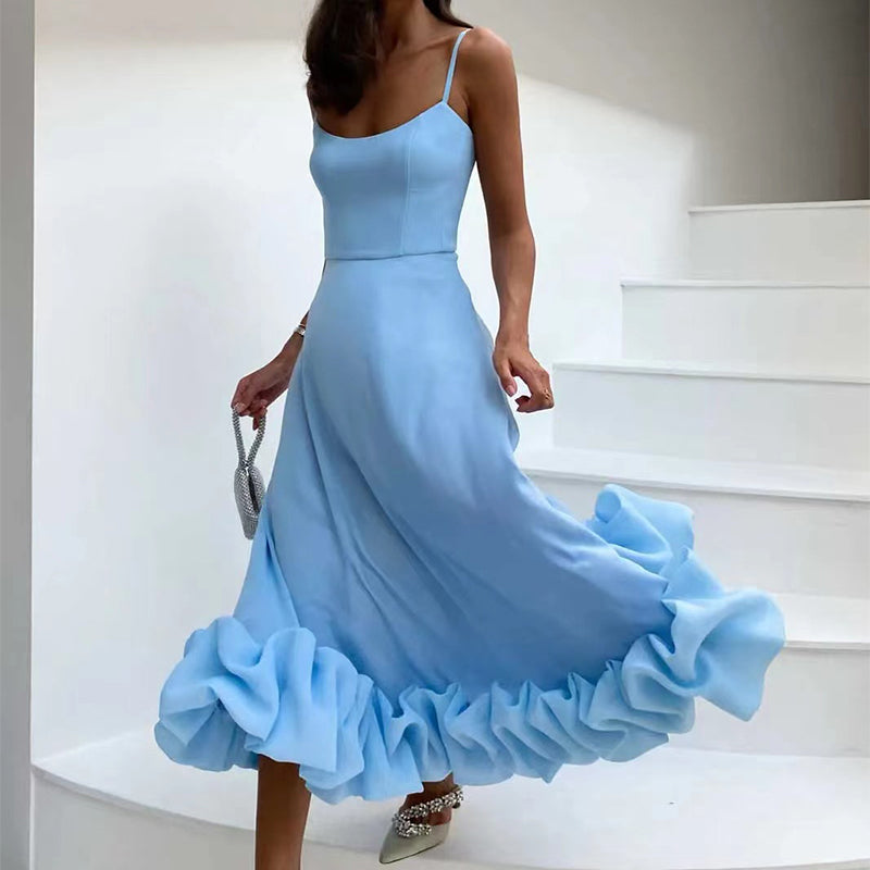 Light blue A-line dress with spaghetti straps and 3D flower hem ruffle