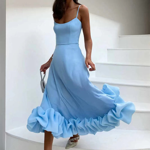 Light blue A-line dress with spaghetti straps and 3D flower hem ruffle