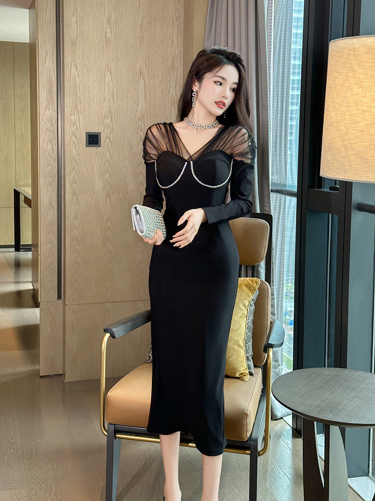 Knitted Cotton Design Sense Diamond Grenadine Slim Fit Patchwork Hip-hugger And Black Long Sleeve Dress