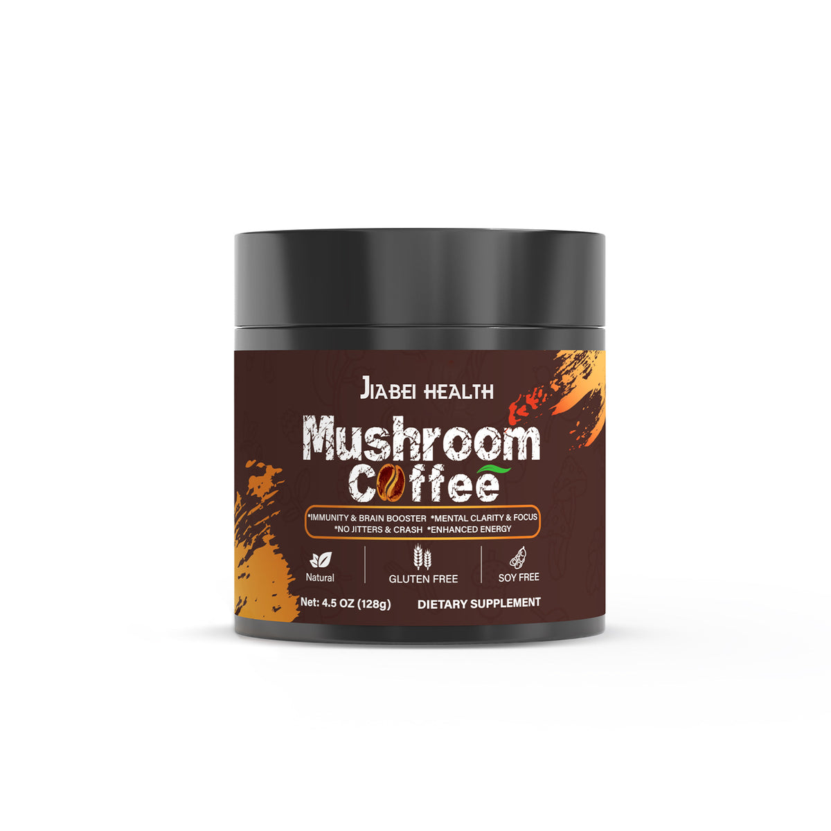 Mushroom coffee powder jar front view with brown speckled label