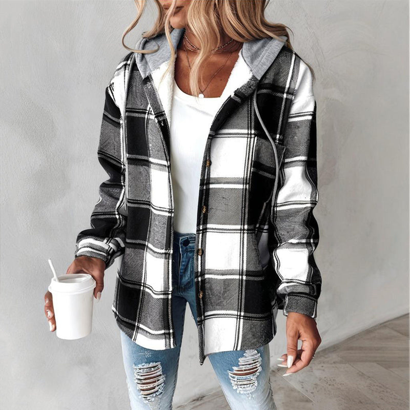 Women's Plaid Drawstring Hoodie Long Sleeve Shirt Button Front Casual Tops Minimalist Style