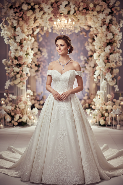 White lace sweetheart wedding dress with zircon necklace and drop earrings