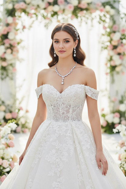 White lace strapless wedding dress with zircon necklace and drop earrings