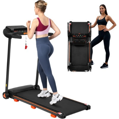 Folding black home treadmill with front control console and running belt.