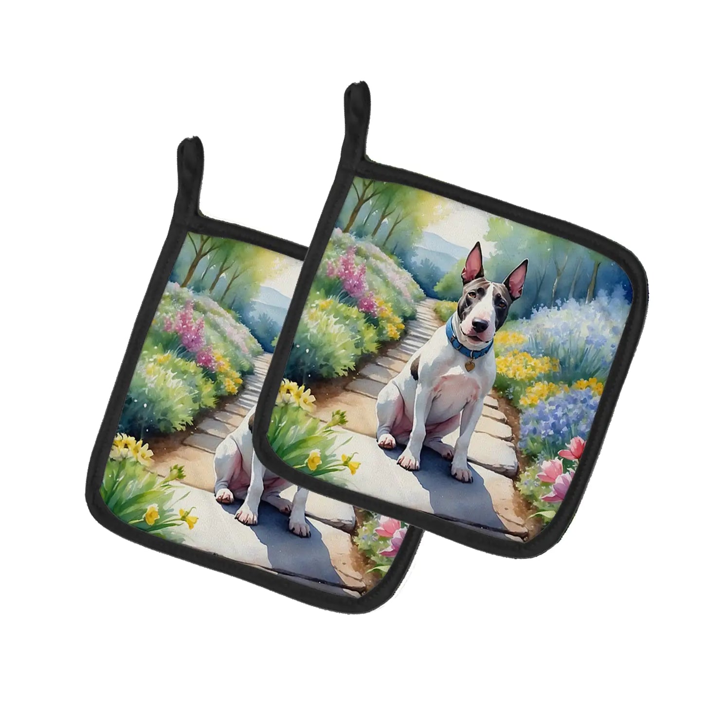 Bull Terrier Spring Path Pair of Pot Holders