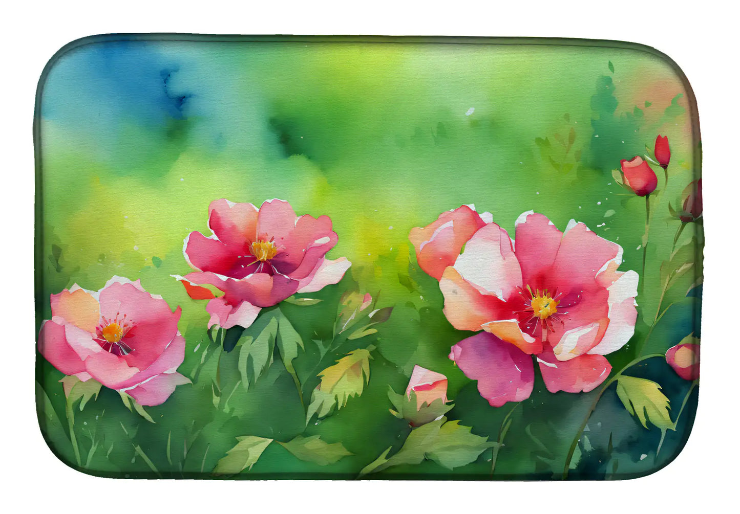 Iowa Wild Prairie Roses in Watercolor Dish Drying Mat
