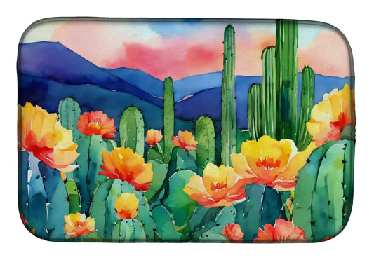 Arizona Saguaro Cactus Blossom in Watercolor Dish Drying Mat