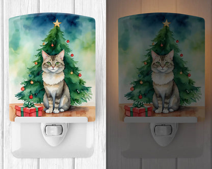 Dwelf Cat By the Christmas Tree Ceramic Night Light