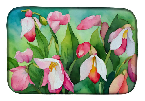 Minnesota Pink and White Lady s Slippers in Watercolor Dish Drying Mat