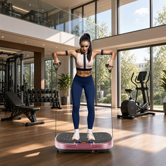 Rose red vibration plate fitness machine with athlete performing standing exercise