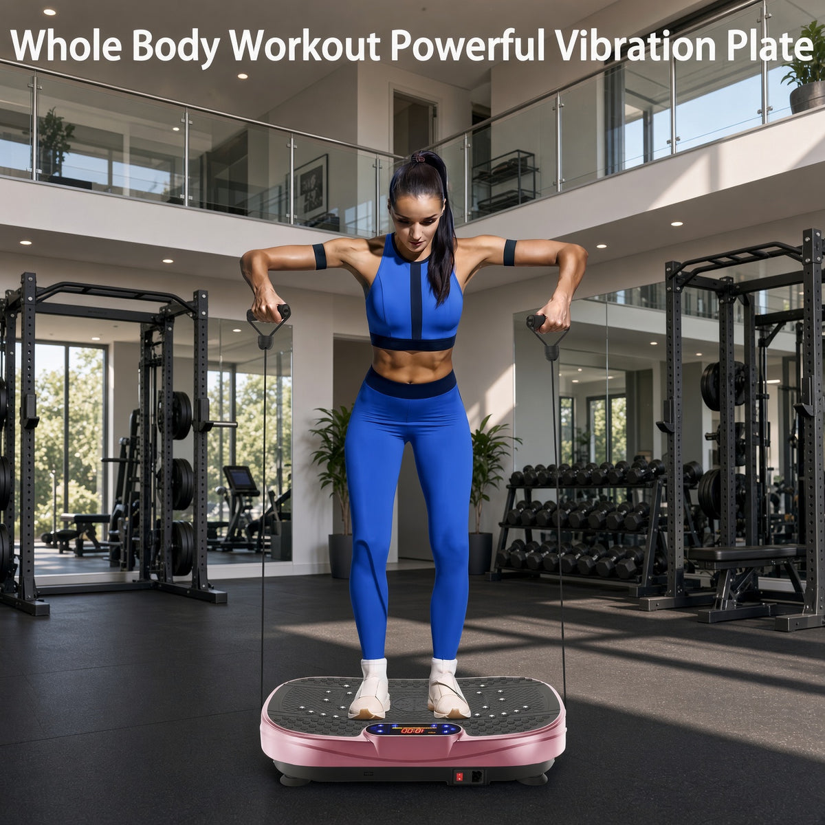 Blue sports outfit athlete using rose red vibration plate fitness platform