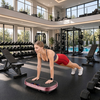 Rose red vibration plate fitness machine with non-slip top, woman standing in front