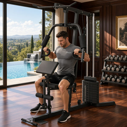 Black multi-exercise home gym weight station with bench, pulleys, and weight stack