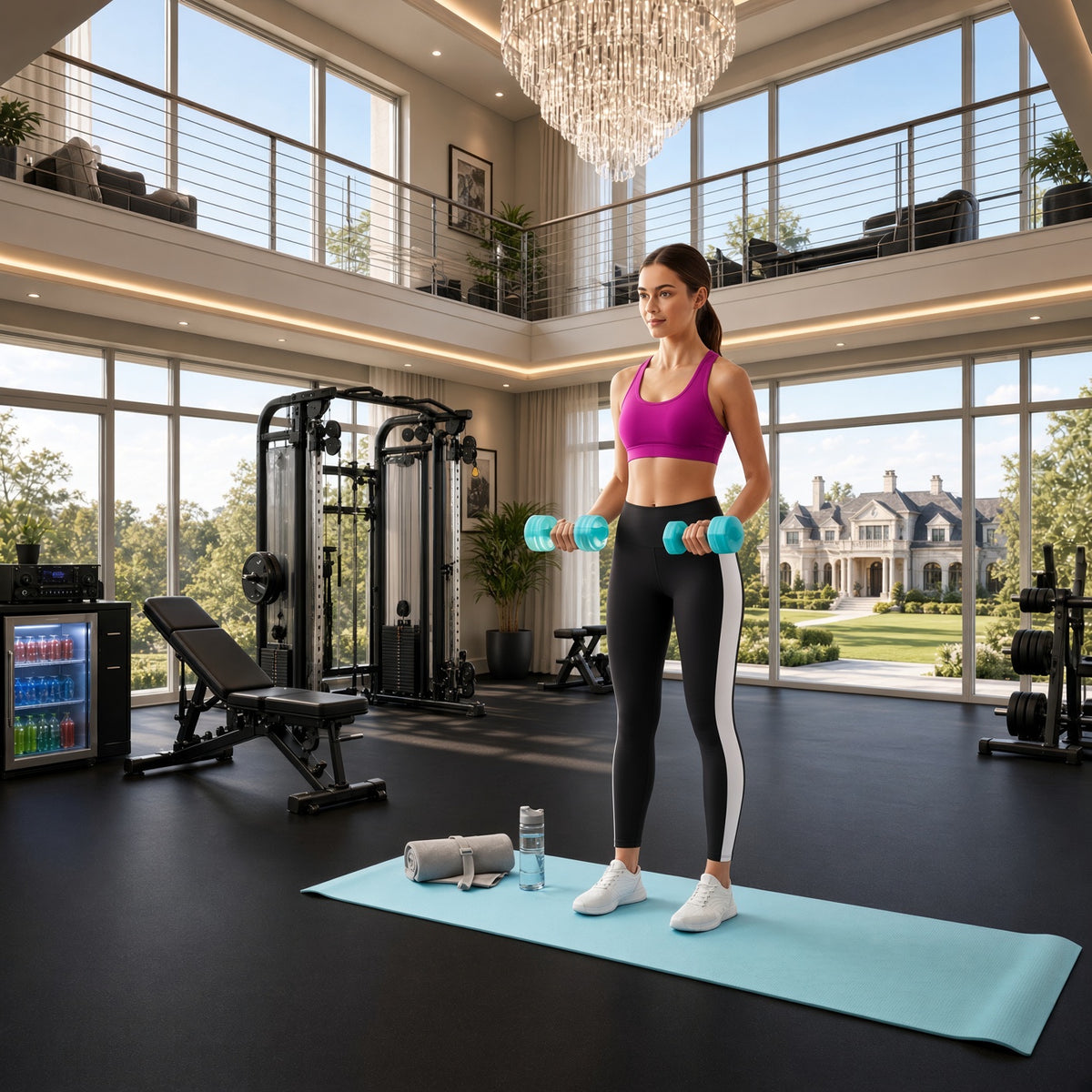 Teal water-filled bottle dumbbells with blue caps, held during fitness workout