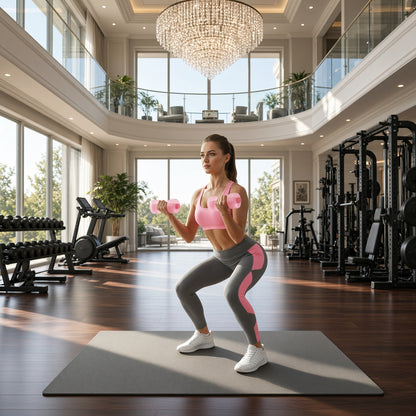 Pink water-filled bottle dumbbells with caps, held while squatting