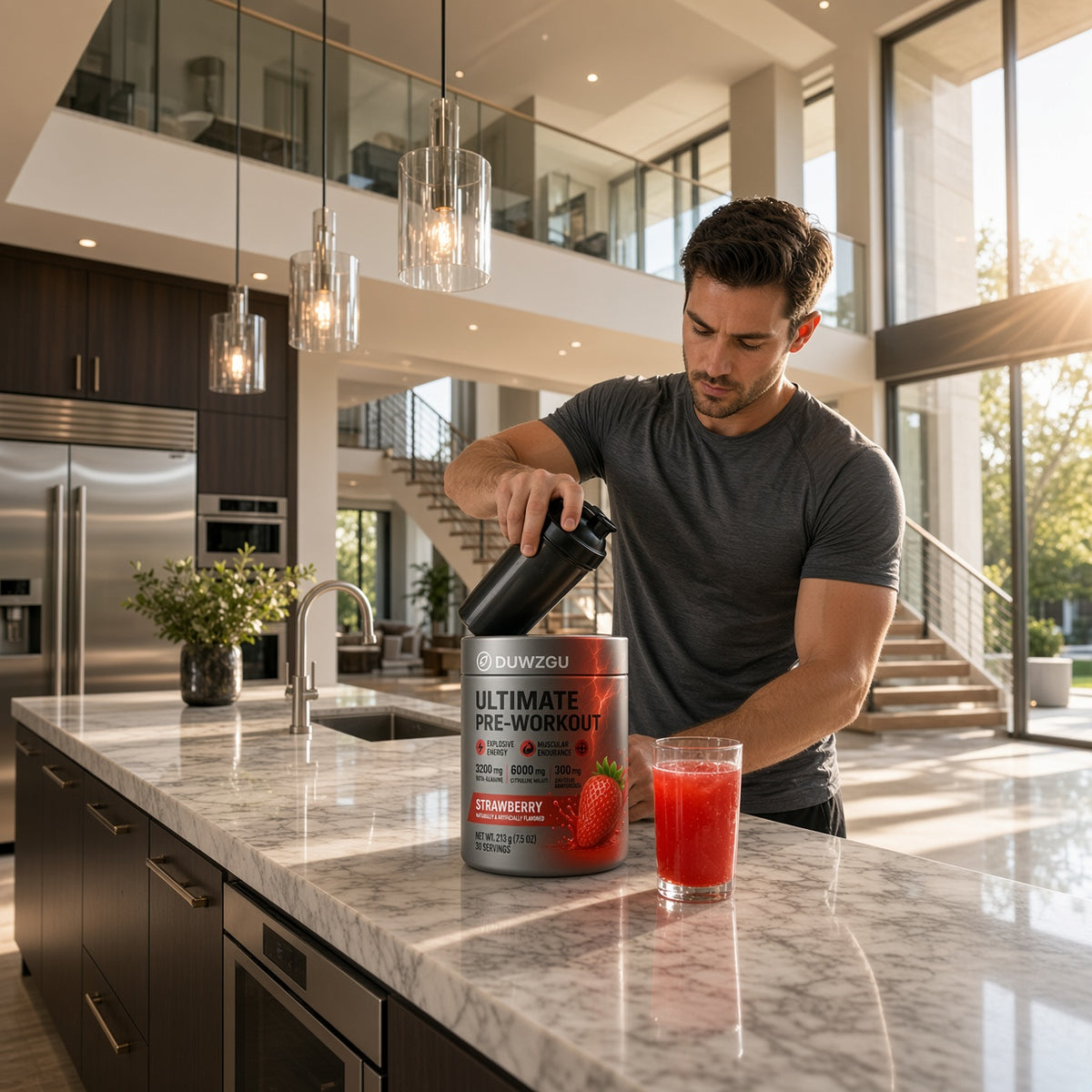 Caffeine pre-workout tub with shaker bottle and glass of red strawberry drink
