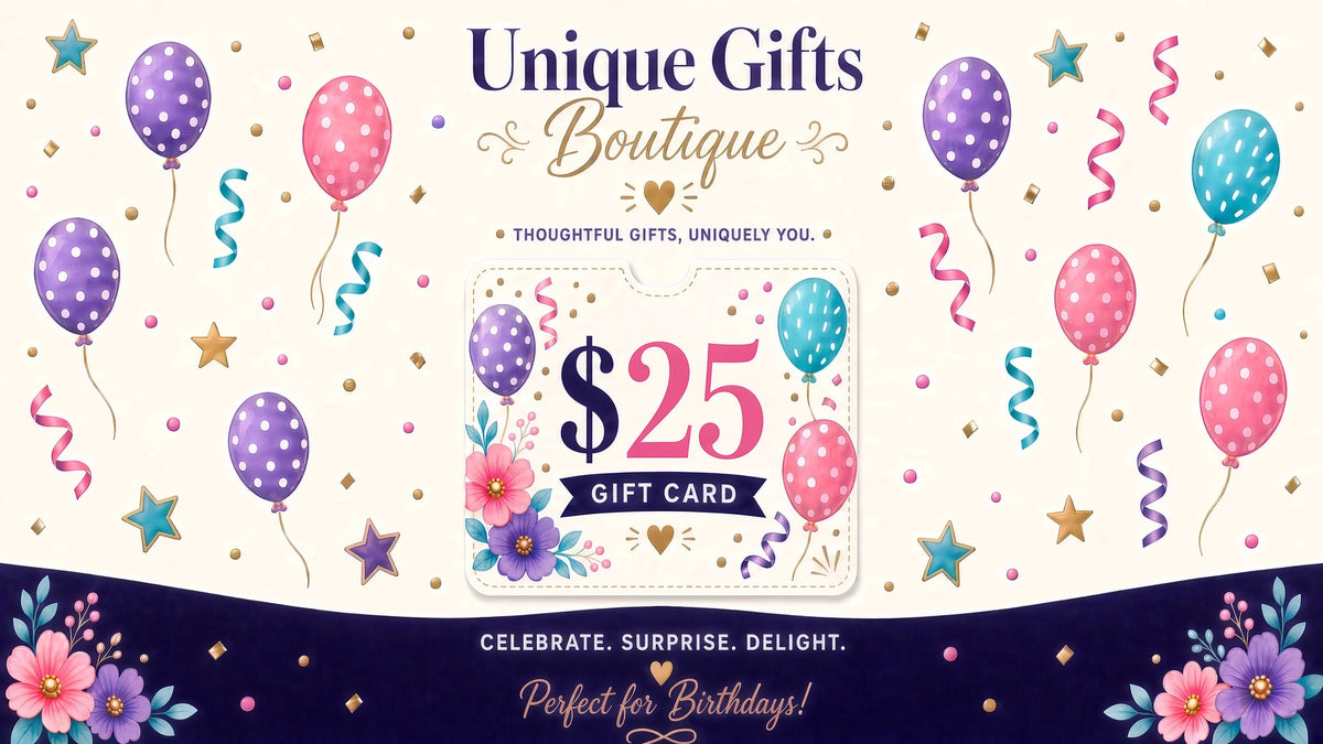 Birthday gift card $25 with colorful balloons and floral border
