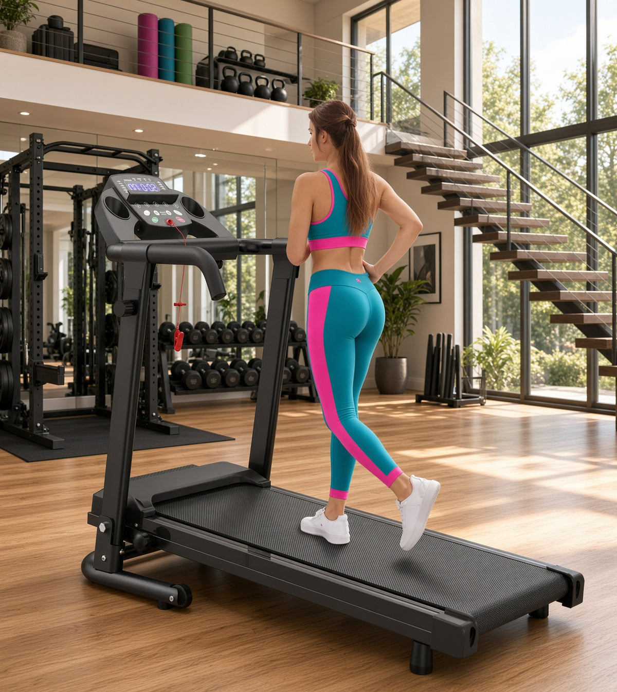 Folding walking treadmill with handlebars and LED console, black base