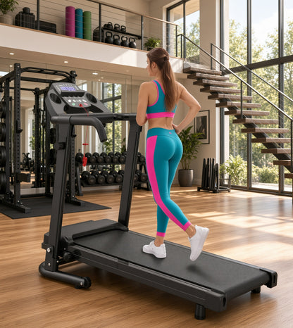 Folding walking treadmill with handlebars and LED console, black base